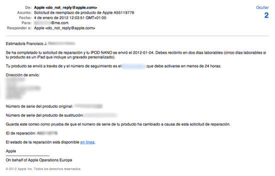 E-mail de confirmación cambio de iPod Nano 1G por iPod Nano 6G