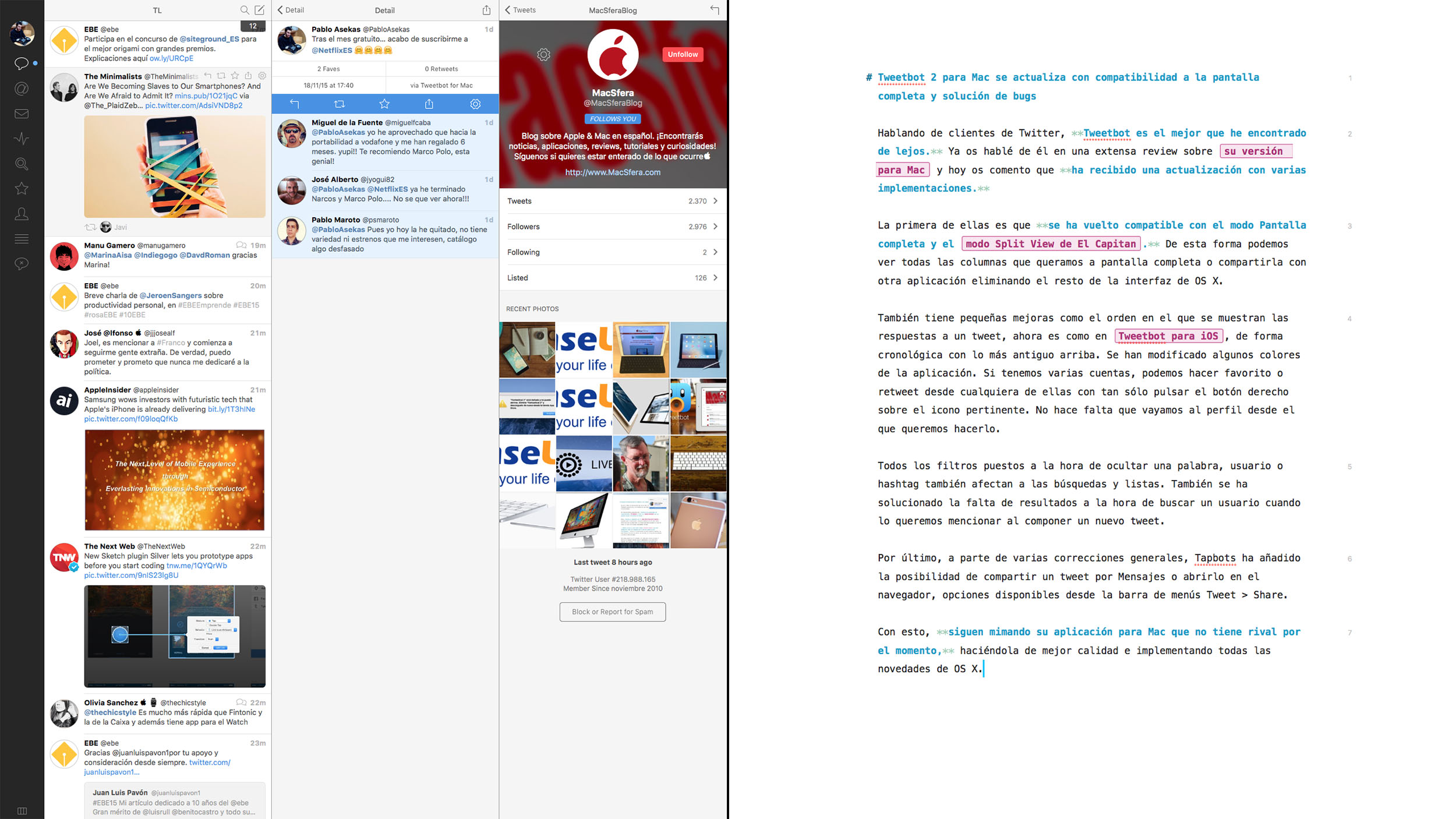 Tweetbot en modo Split View OS X El Capitan